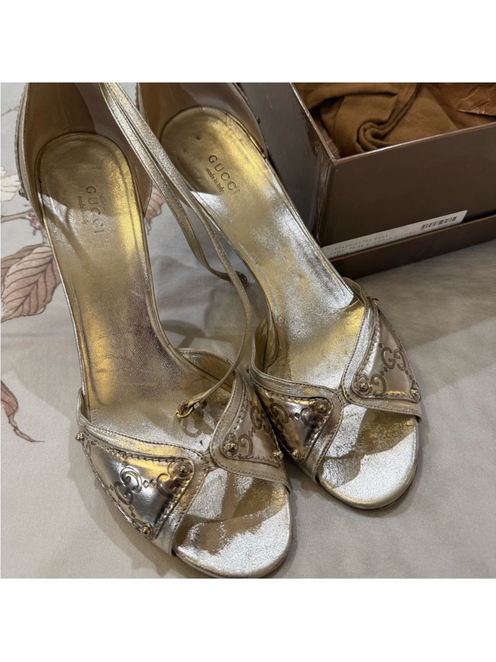 Gucci Metallic Gold Open-Toe Heels with GG Accent